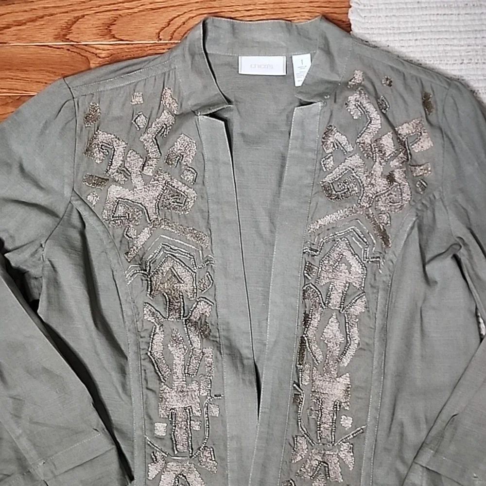Chicos Jacket Beaded Embroidered Open Front Olive Green Boho‎ Cottage Size M
